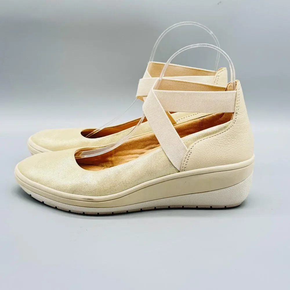 Vionic Shoes Women 6 Beige Leather Ellery Mary Jane Wedge Comfort Flats Orthotic